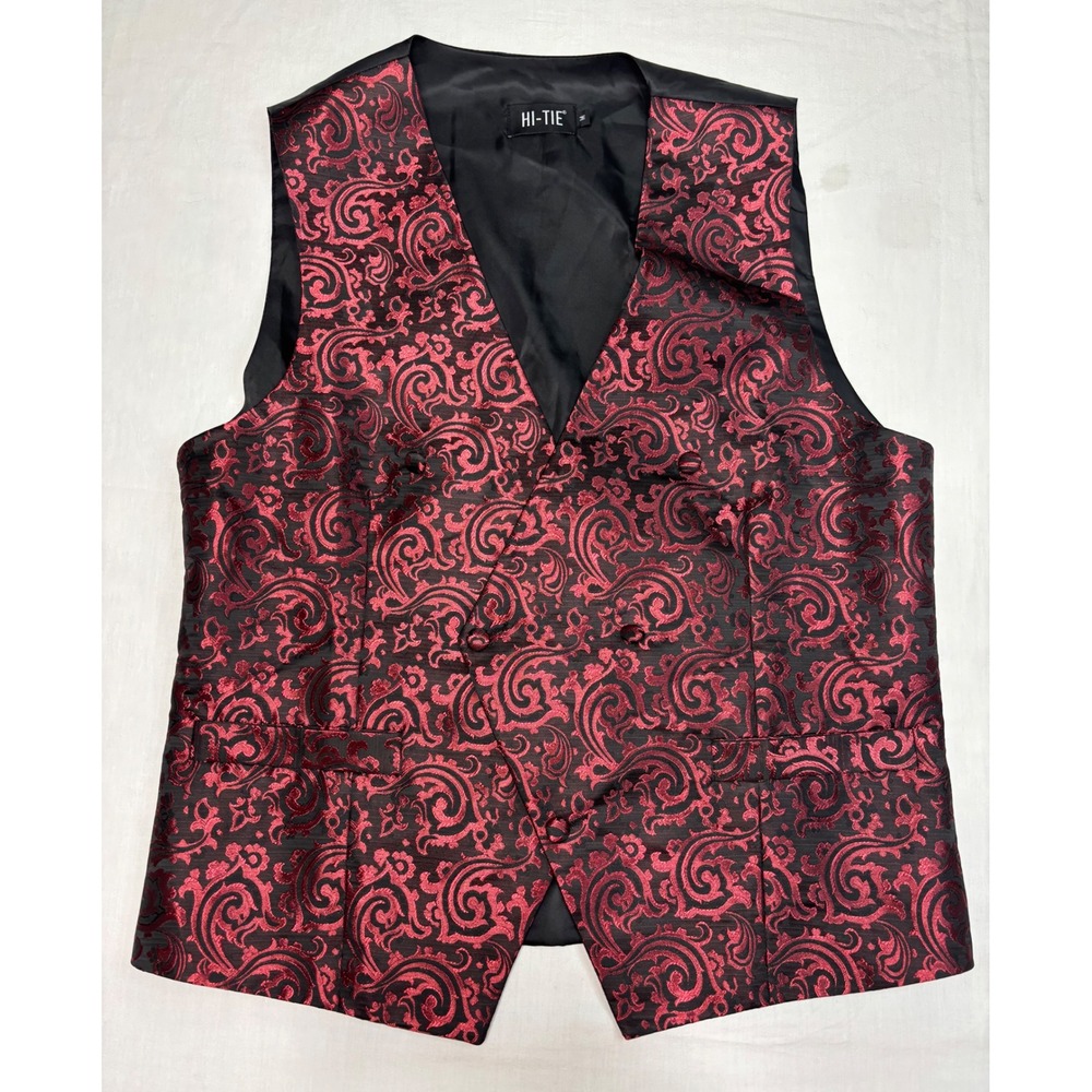 Hi-Tie Mens Double Breasted Waistcoat Red Black Paisley Jacquard Formal Vest M